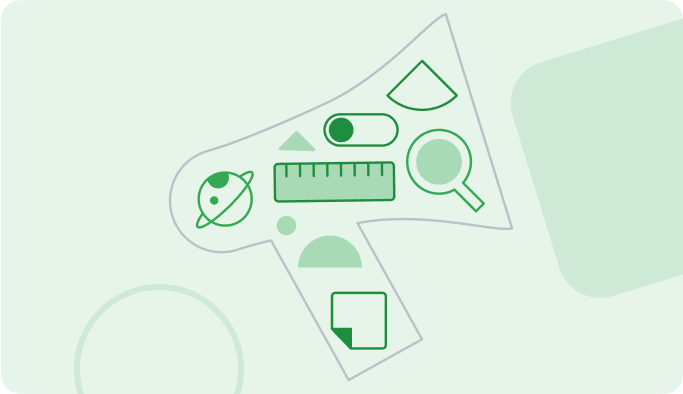 Abstract illustration of various items like a ruler, a planet, and simple shapes.