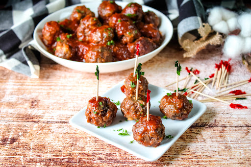 Cranberry Meatballs with toothpicks.