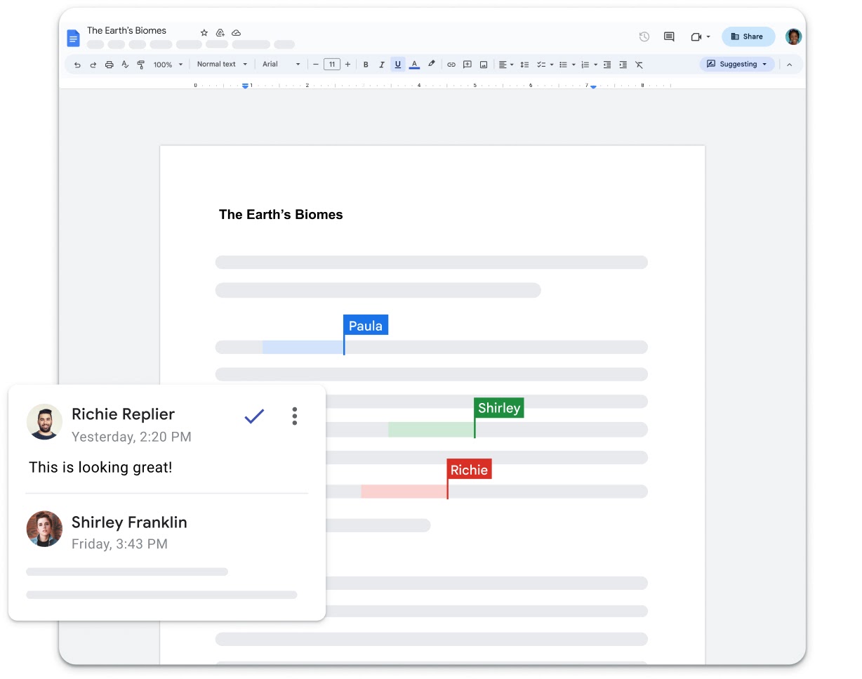 An abstract screenshot of Google Docs shows a teacher commenting “This is looking great!” on a block of text.