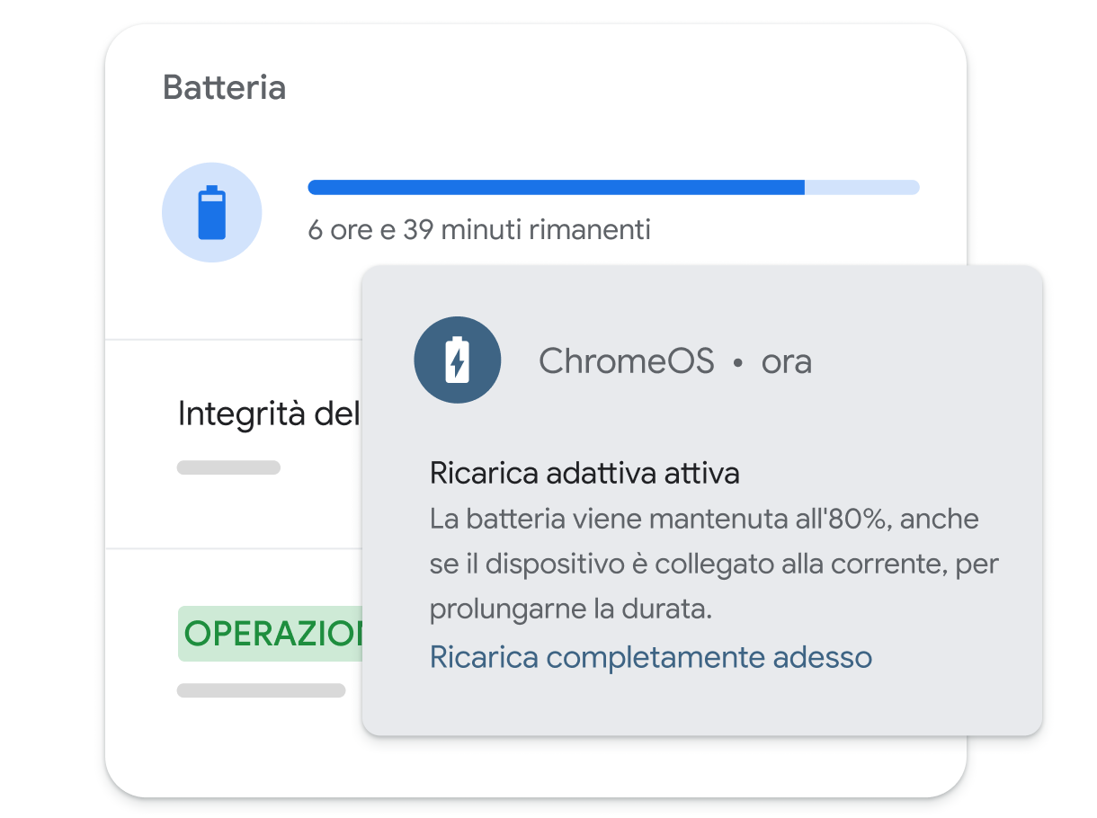 Un indicatore mostra che ChromeOS utilizza la ricarica adattiva per preservare la durata della batteria.