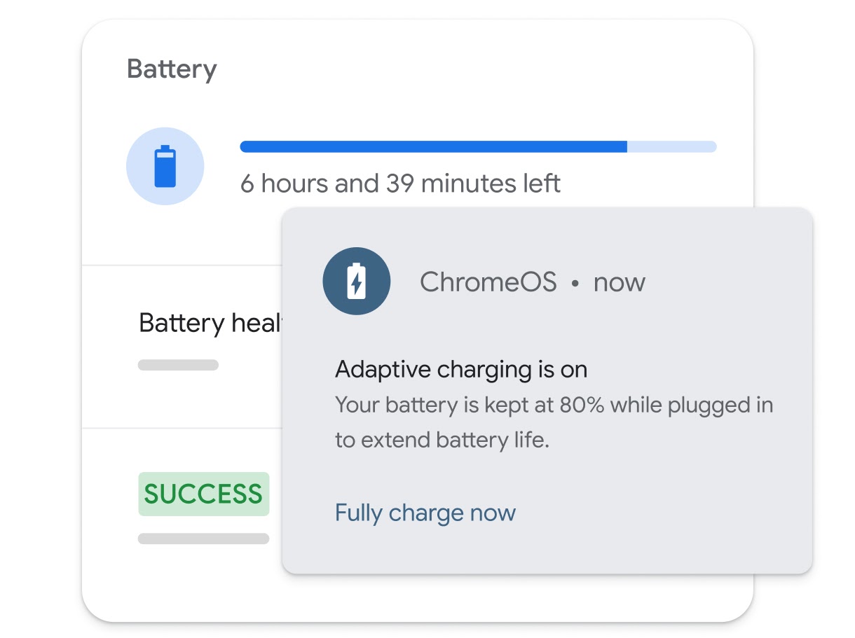 A battery notification shows that ChromeOS is using adaptive charging to preserve battery life.