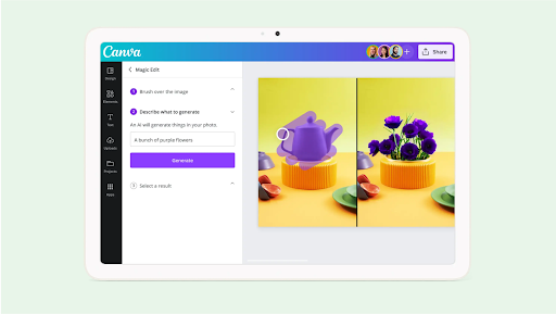 La pantalla de una tablet muestra herramientas de edición en Canva.