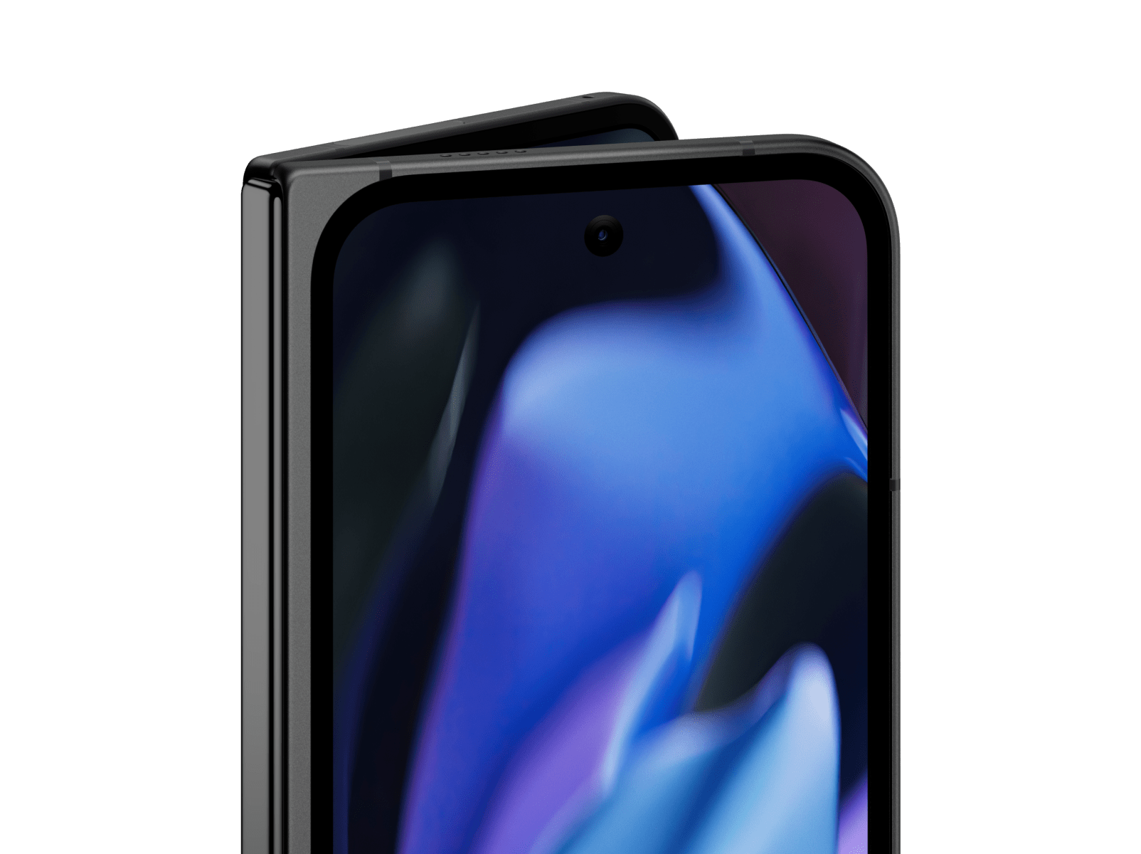 Seitliche Nahaufnahme des Frontdisplays eines Pixel 9 Pro Fold in der Farbe Obsidian. Der obere Teil des inneren Displays ist zu sehen.