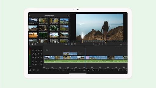 En una tablet se ve una pantalla de edición de vídeo de la aplicación LumaFusion con grabaciones de senderismo.