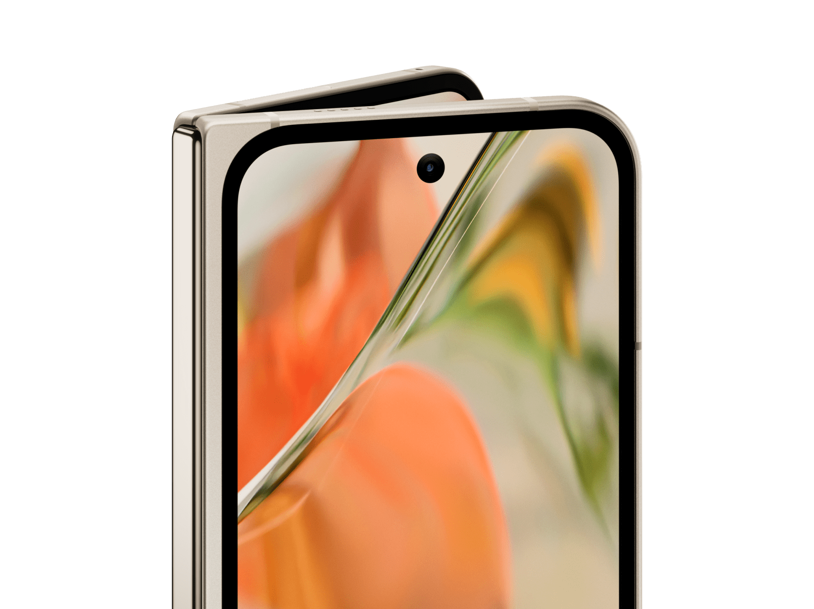 Seitliche Nahaufnahme des Frontdisplays eines Pixel 9 Pro Fold in der Farbe Porcelain. Der obere Teil des inneren Displays ist zu sehen.