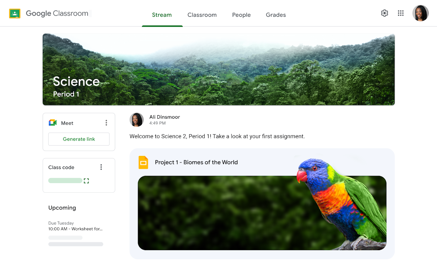 A Google Classroom home screen with rainforest imagery for a science class and a project called Biomes of the World
