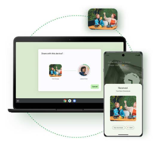 En Chromebook som delar en bild, och en telefonskärm bredvid som visar den mottagna bilden.