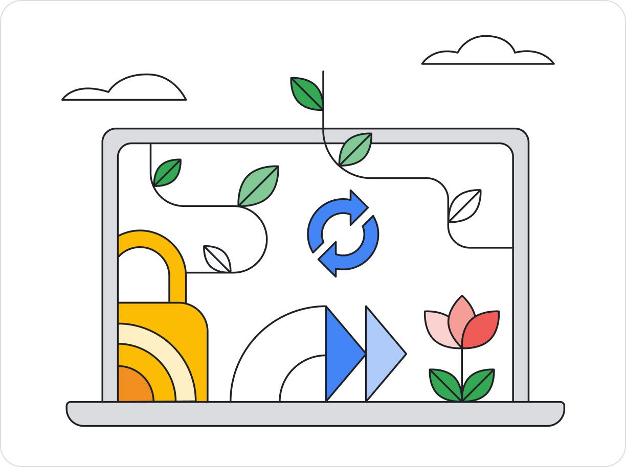 An illustration of a Chromebook with a flower and a recycle logo drawn on it.