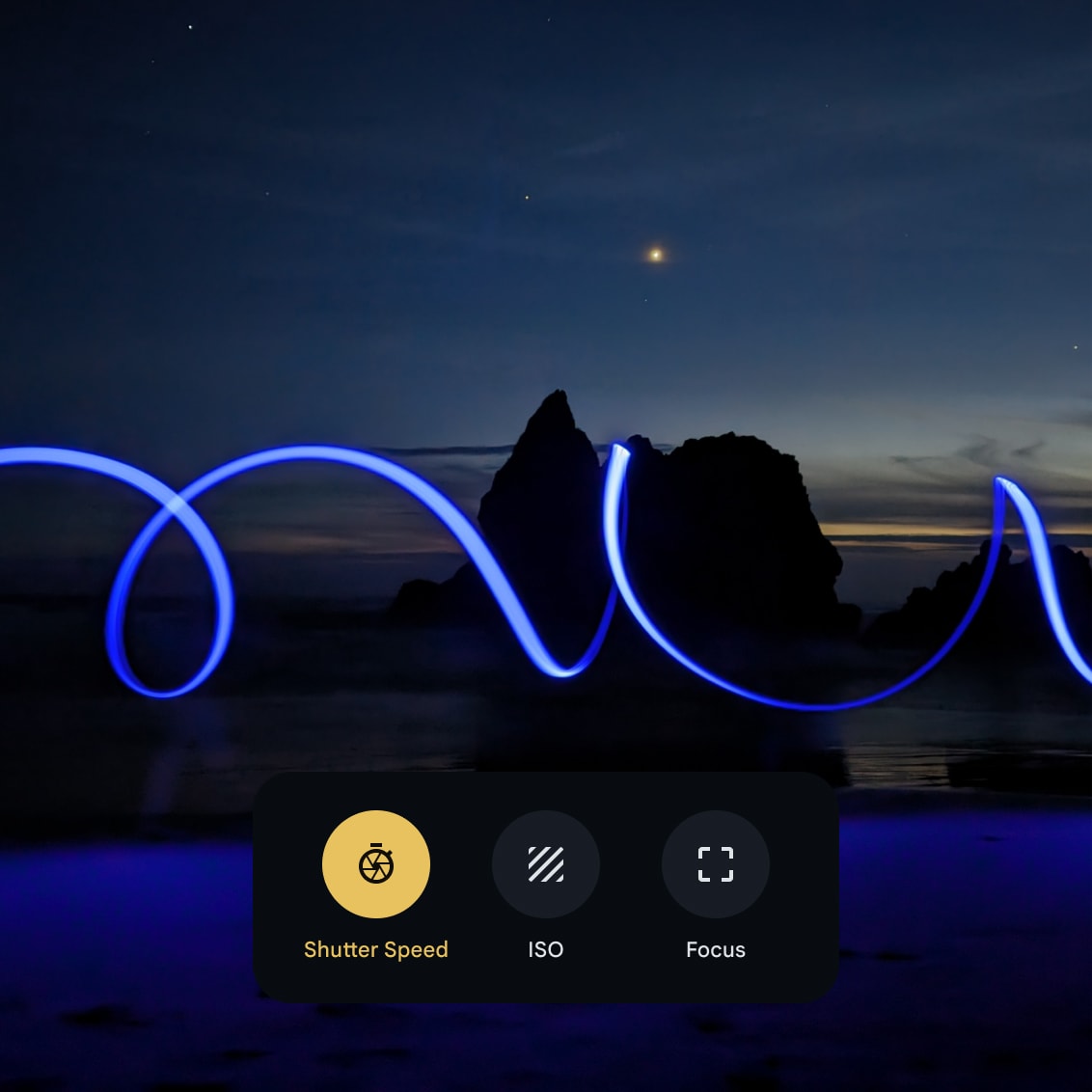 Four options are displayed on Pixel 8 Pro's camera: shutter speed, ISO and focus selection.