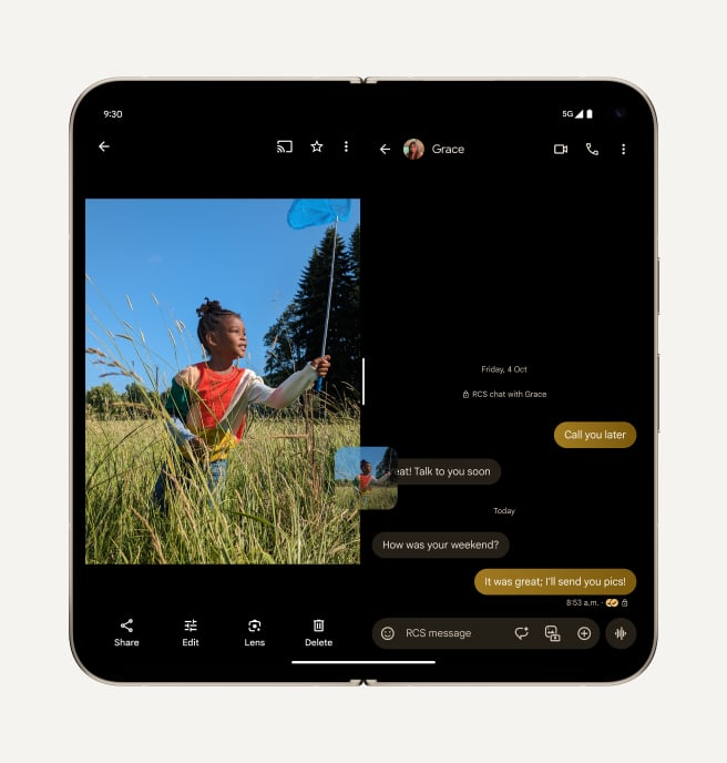 An open Pixel 9 Pro Fold displays a photo on the left-hand side, easily being dragged and dropped into an open messaging conversation on the right.