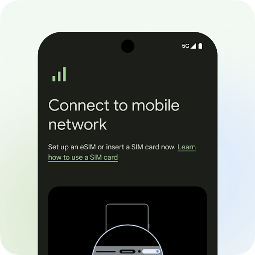 Android 手机上的一个界面，标题为“连接到移动网络”。显示的消息为“请立即设置 eSIM 卡或插入 SIM 卡。了解如何使用 SIM 卡”。画面还包含一张显示手机侧面 SIM 卡插槽打开的图片。