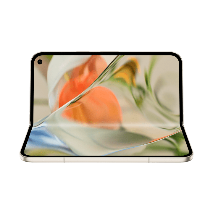 Vorderseite eines aufgeklappten Pixel 9 Pro Fold, seitlich positioniert, in der Farbe Porcelain. Auf den beiden Displays sind verschiedene Farben zu sehen.