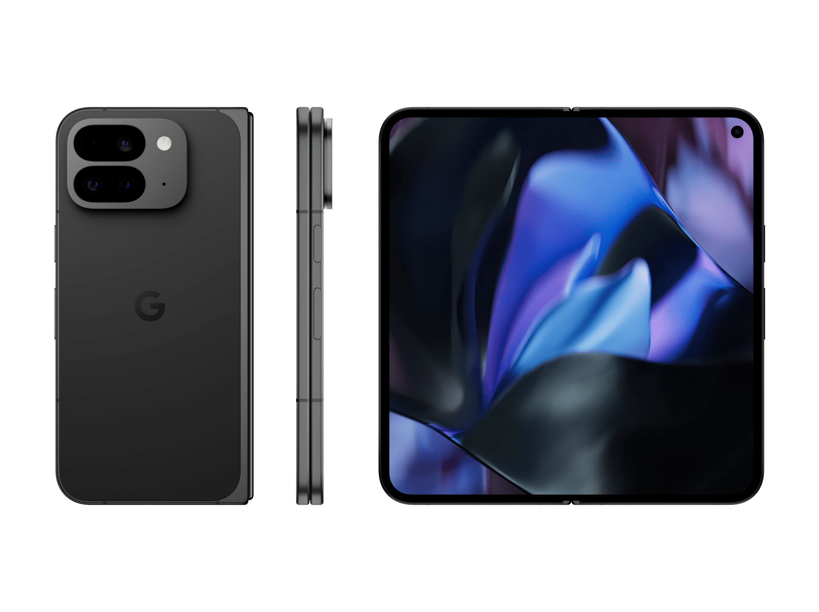 Rückseite, Seite und aufgeklapptes Display eines Pixel 9 Pro Fold in der Farbe Obsidian. Auf dem großen Display sind verschiedene kräftige Farben zu sehen.