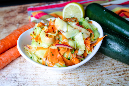 Shaved Carrot and Zucchini Salad in a bowl.