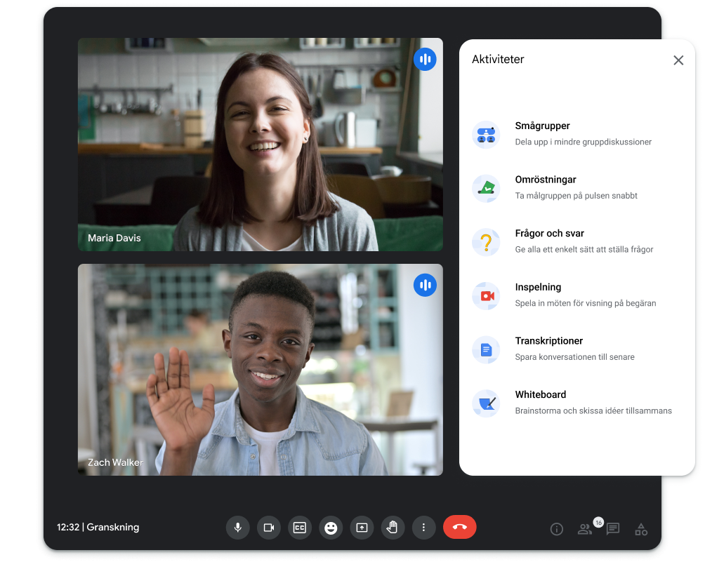 En skärmbild på Google Meet visar två personer, Maria och Zach, i ett samtal med varandra samt alla funktioner de har åtkomst till under samtalet.