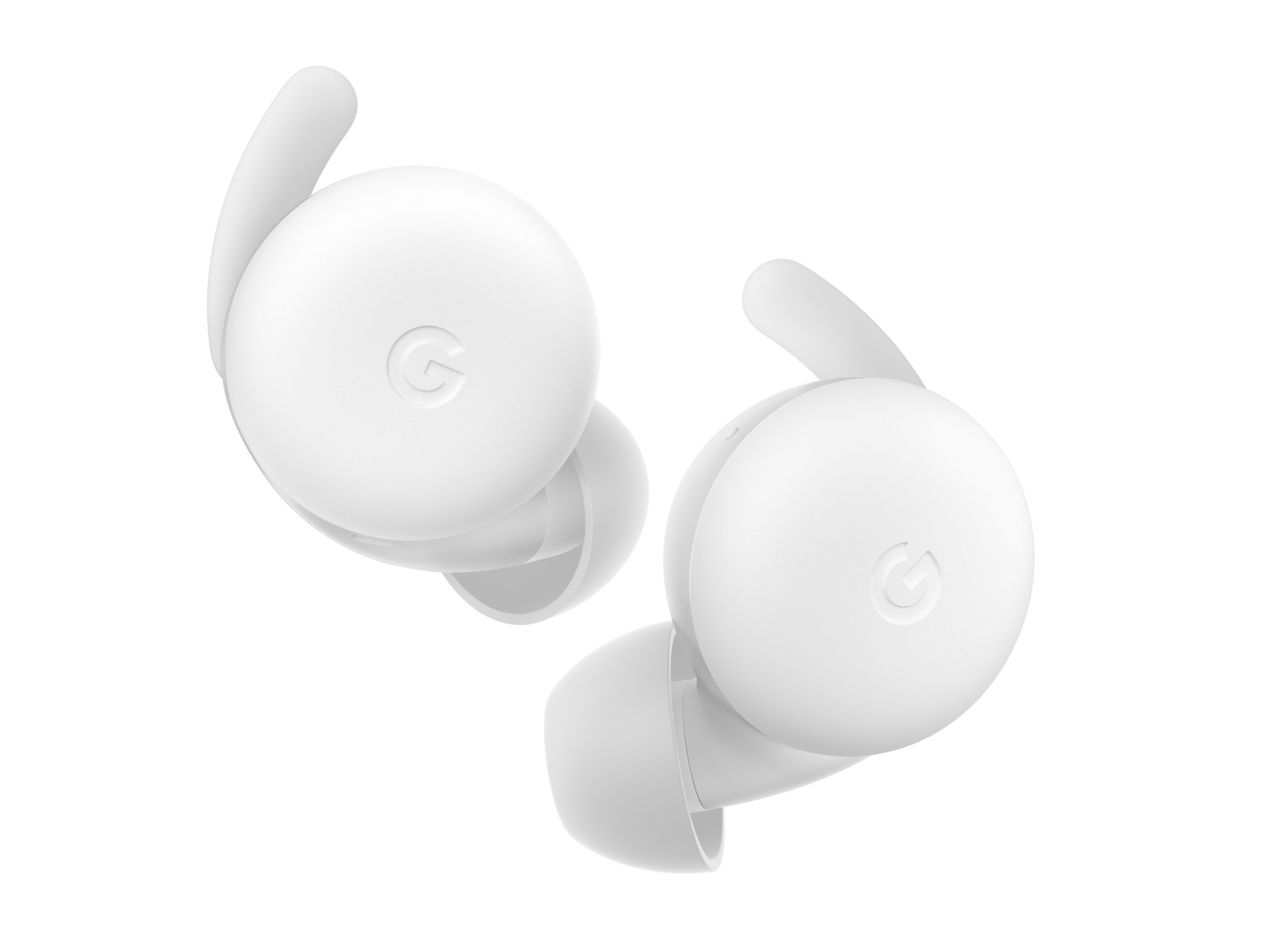 A pair of Pixel Buds a series in clearly white