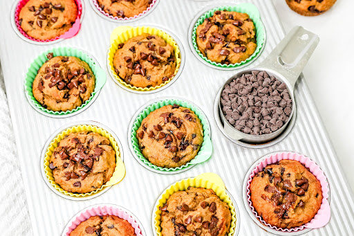 Skinny Chocolate Chip Banana Muffins ready to serve.