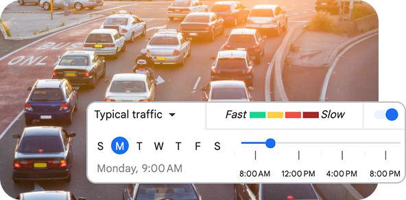 An image of street traffic, overlaid with traffic data by weekday and time