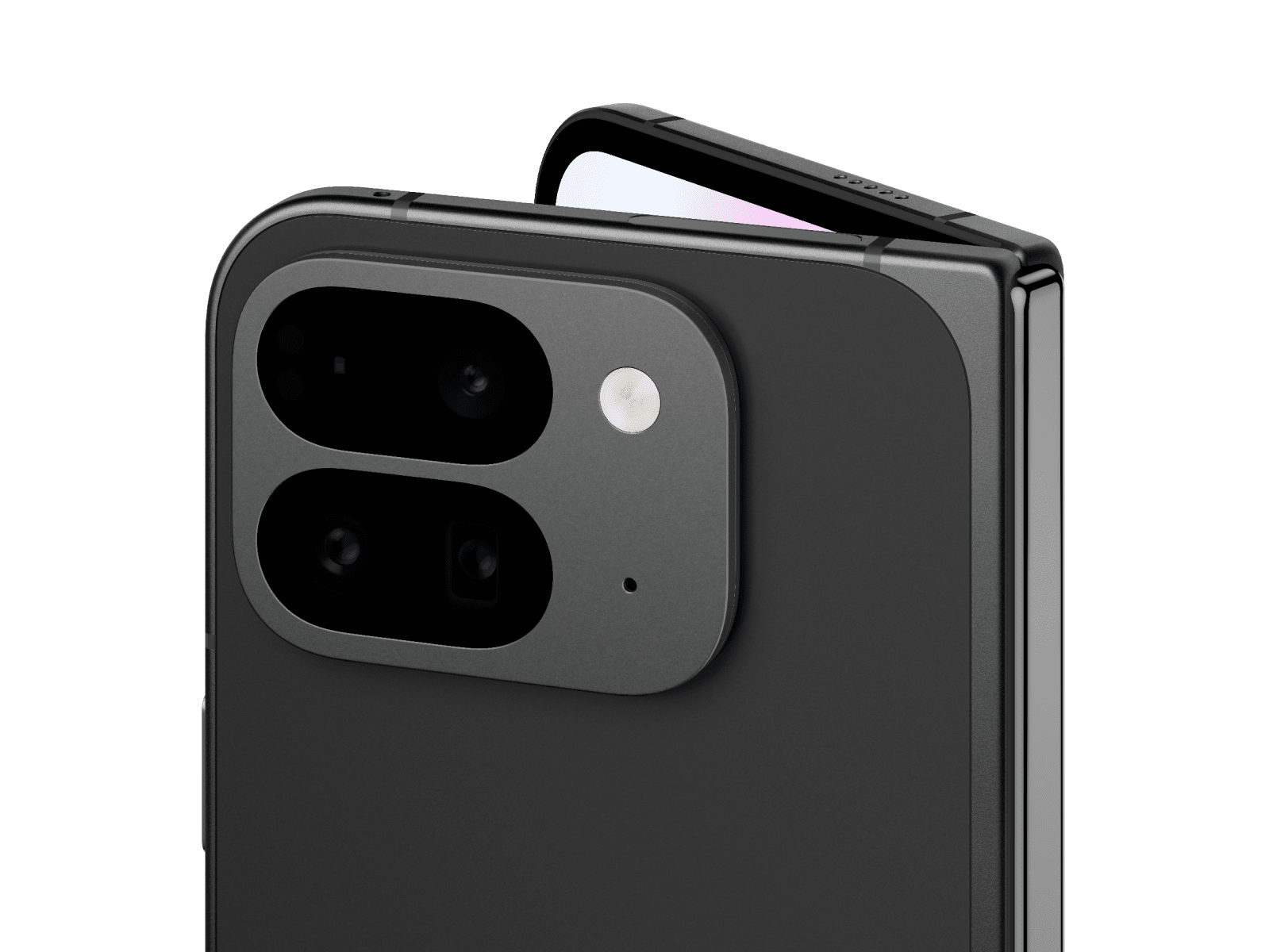 Seitliche Nahaufnahme eines Pixel 9 Pro Fold in der Farbe Obsidian. Die Rückkamera und der obere Teil des inneren Displays sind zu sehen.