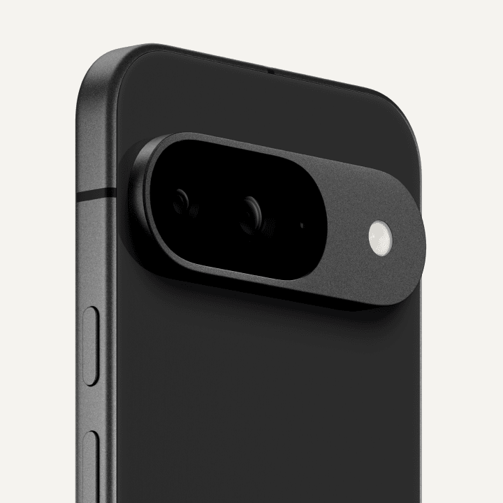 Angled close-up of the back of a Pixel 9 in Obsidian colour.