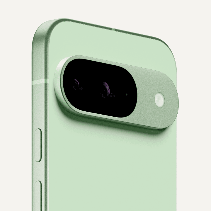 Angled close-up of the back of a Pixel 9 in Wintergreen colour.