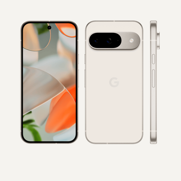The front, back and side of a Pixel 9 in Porcelain colour. The back shows off its upgraded camera bump, the front shows off its brilliant display and the side shows off its satin-finish metal frame.